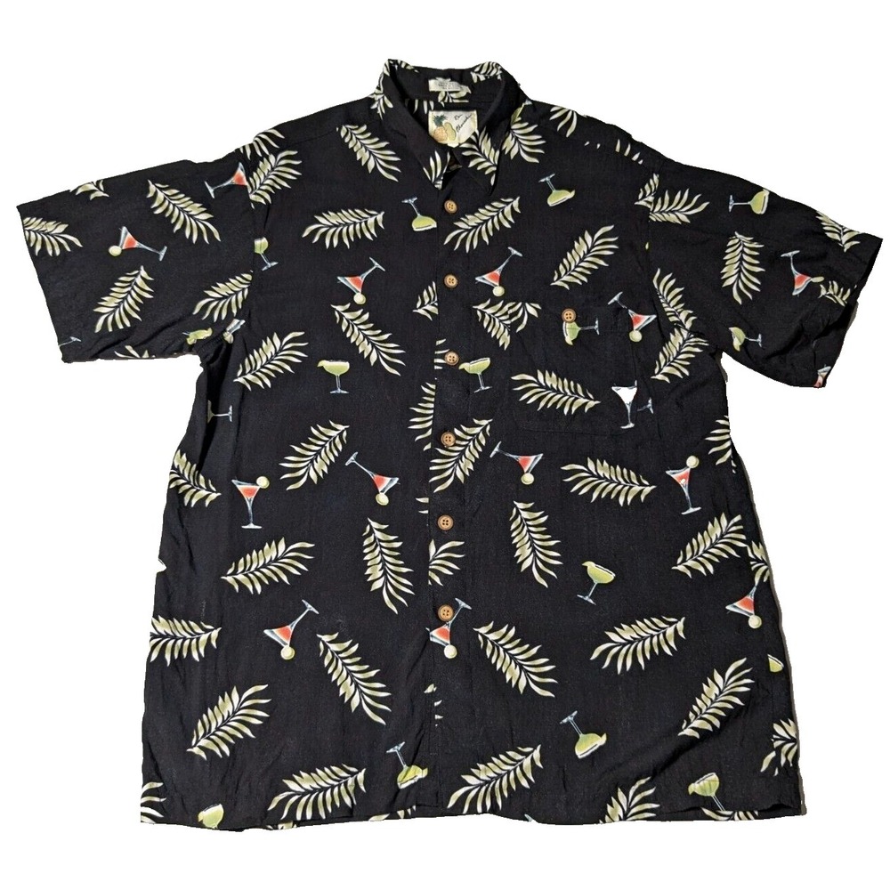 VTG RON CHERESKIN Men‎ Large Black Cocktail Leaves Rayon Hawaiian Shirt